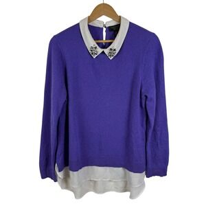 Charter Club 100% Cashmere Sweater Large Purple Jeweled‎ Collar Preppy Layered